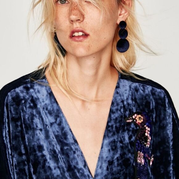 Zara Navy Crushed Velvet Kimono Beaded Peacock Bird Wrap Blouse - Picture 11 of 11